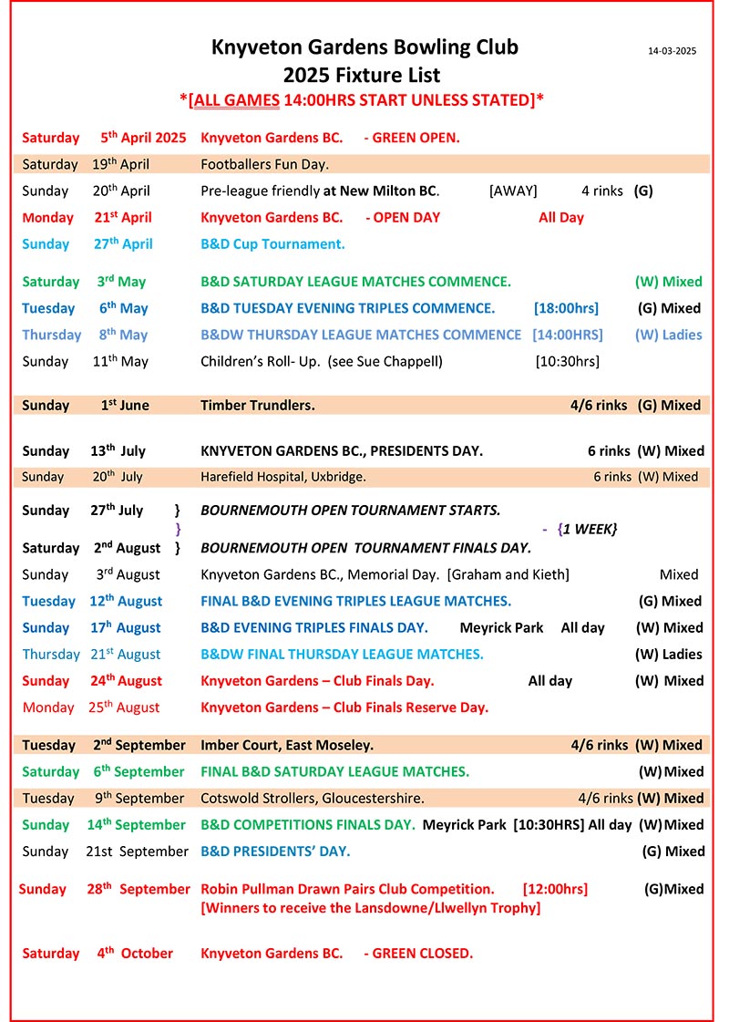 Knyveton Gardens Bowling Club Friendlies Fixture List 2025