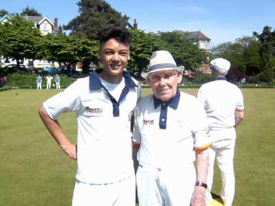 Lewis Brimble (16 years old) with Bill Taylor (100 years old) Sunday 29th May 2016 - Knyveton Gardens Bowls Club